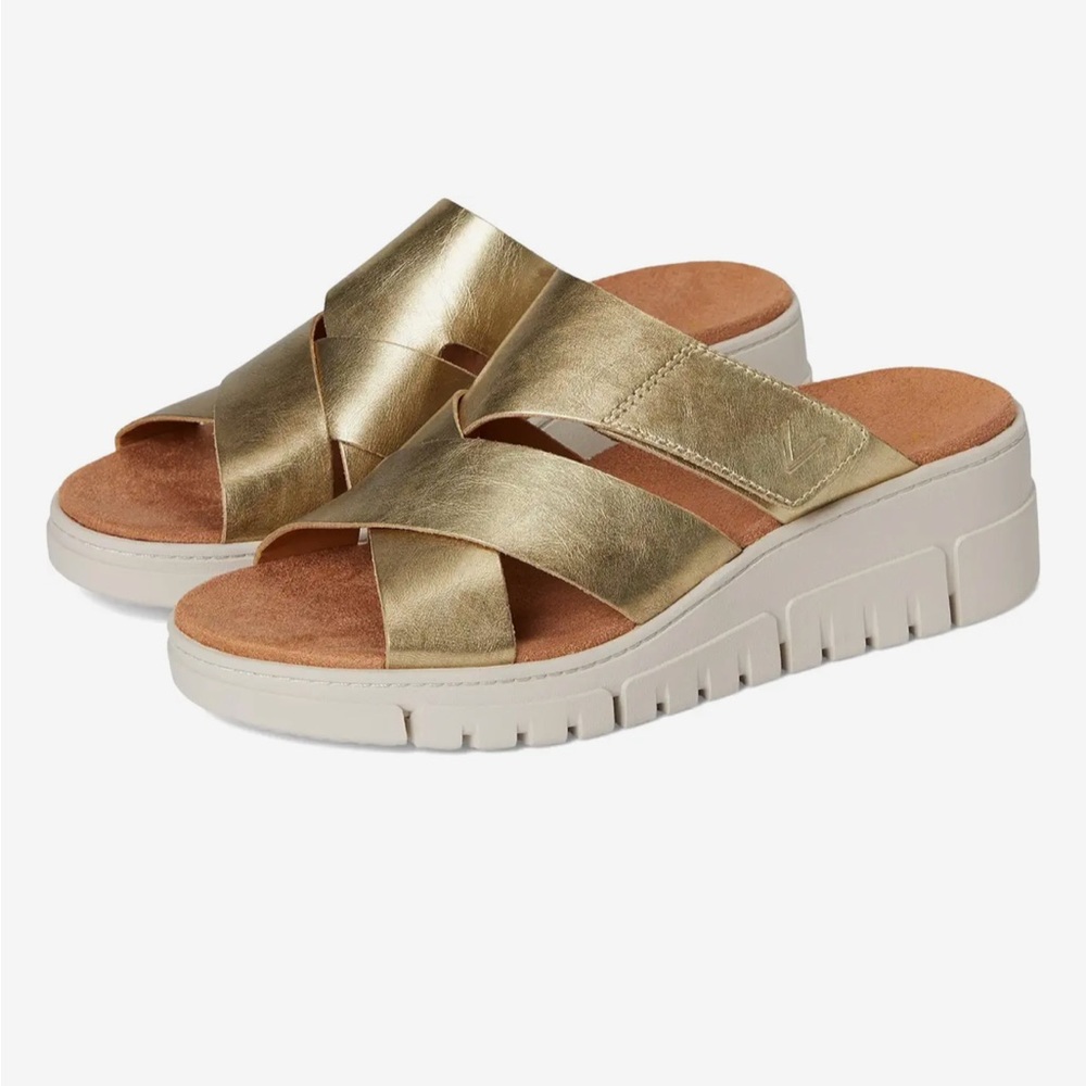 Vionic Gold Metallic Crisscross Slide Sandals
